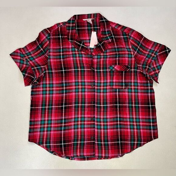 Victoria's Secret Plaid Button Sleepwear Top Women XL Red Short Sleeve NWT - Picture 1 of 7